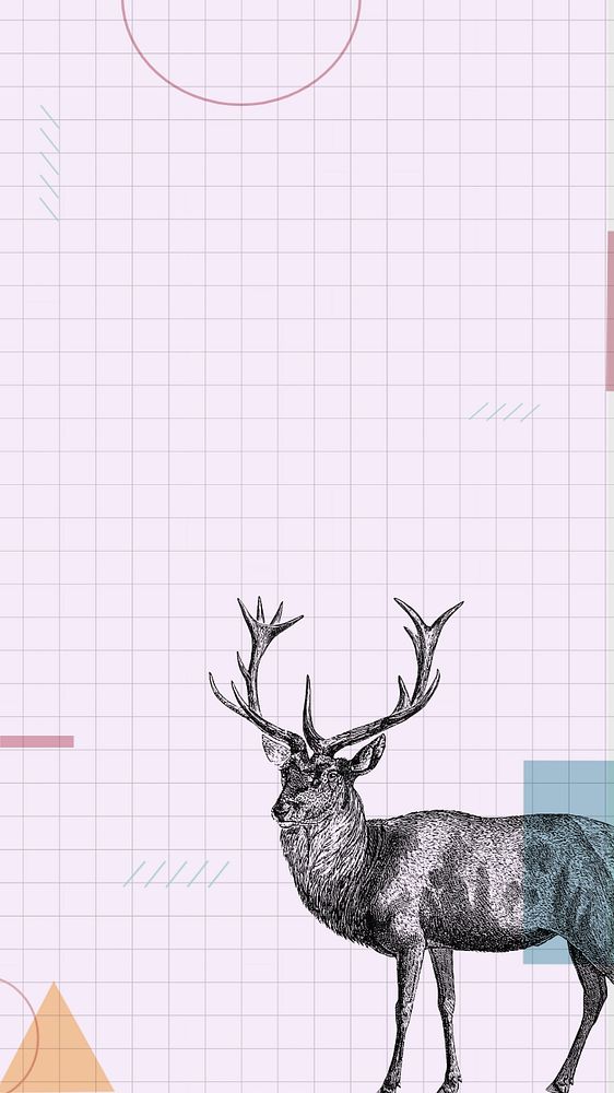 Purple grid iPhone wallpaper, editable  stag deer illustration