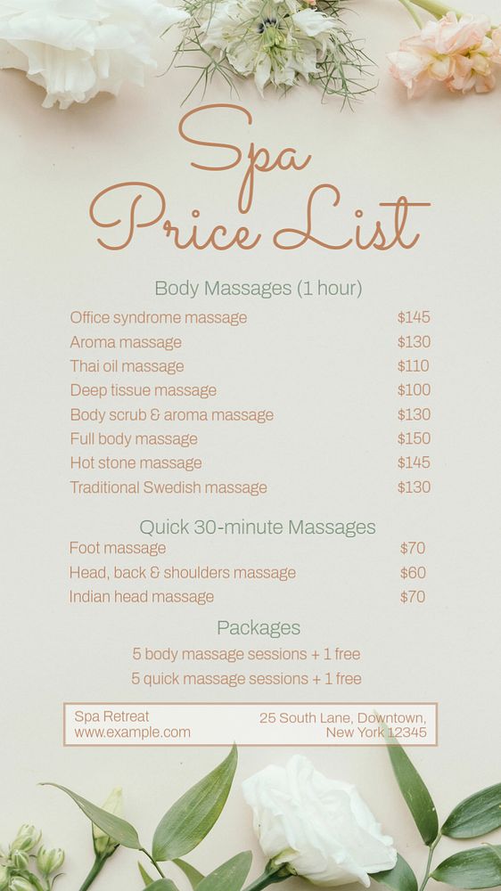 Spa price list Instagram story template, editable text