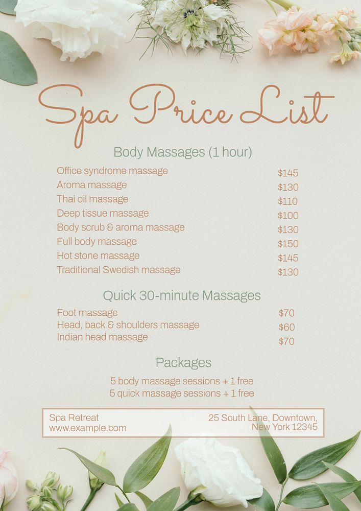 Spa price list poster template, editable text and design