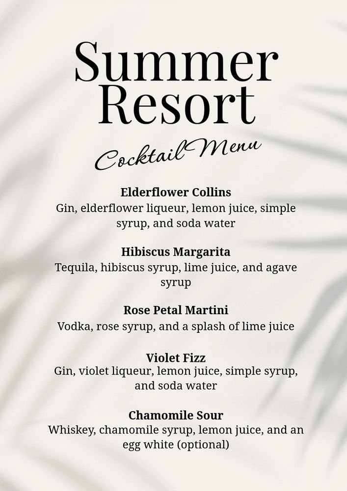 Cocktail menu poster template, editable text and design