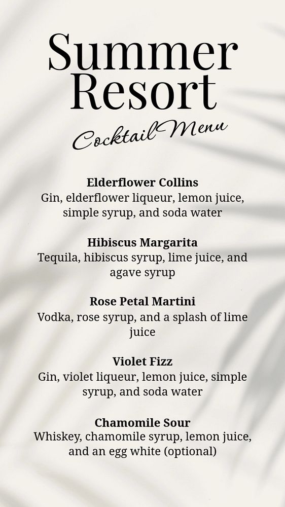 Cocktail menu Instagram story template, editable text