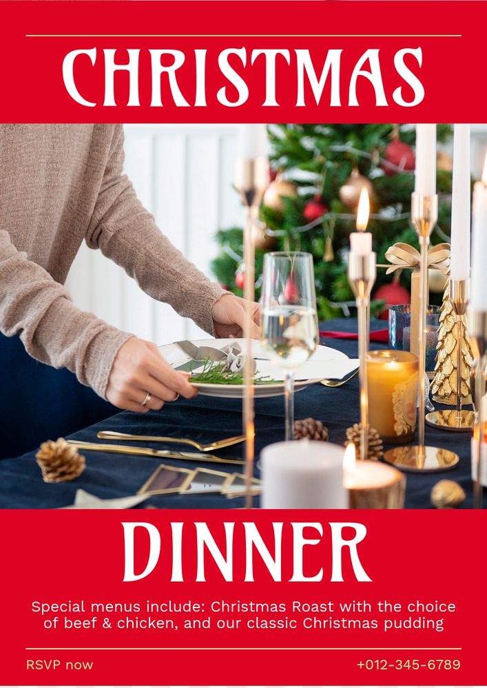 Christmas dinner party poster template, editable text and design