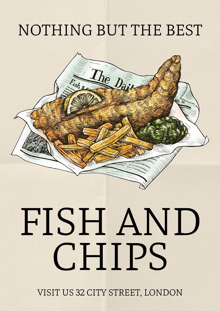 Fish and chips  poster template, editable text and design