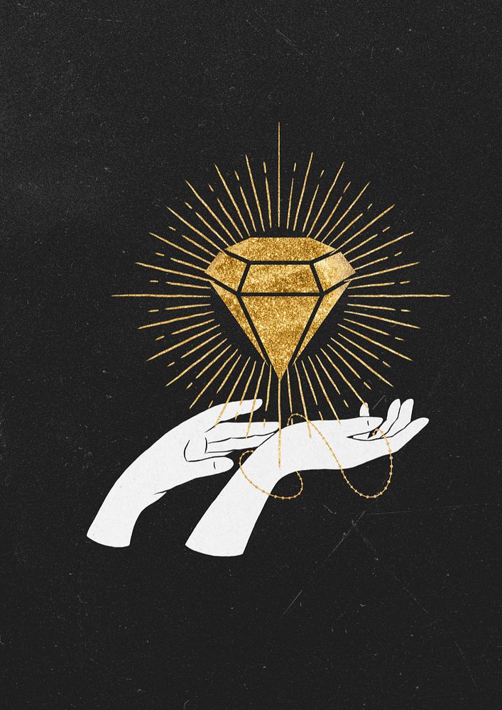 Golden diamond with hands, black background, editable design