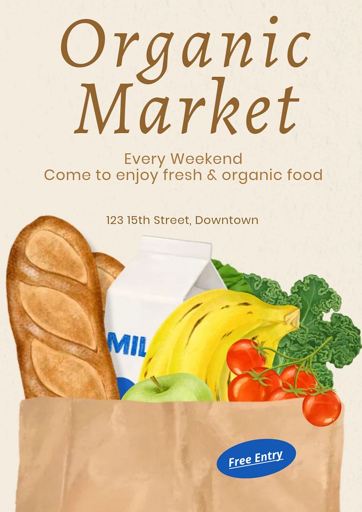 Organic food market poster template, editable text and design