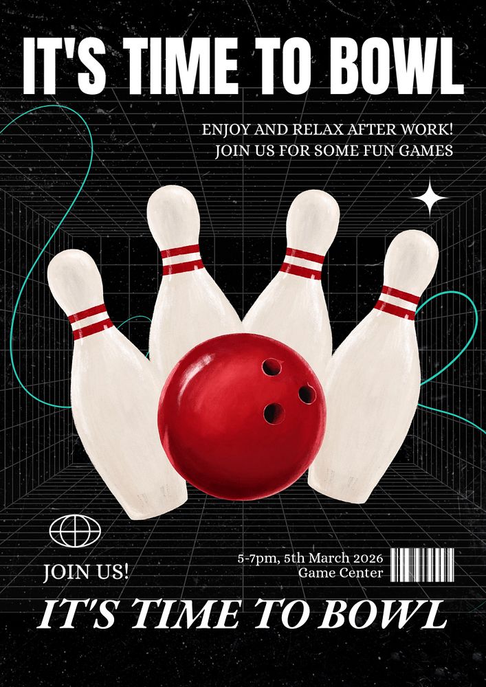 Bowling time  poster template, editable text and design