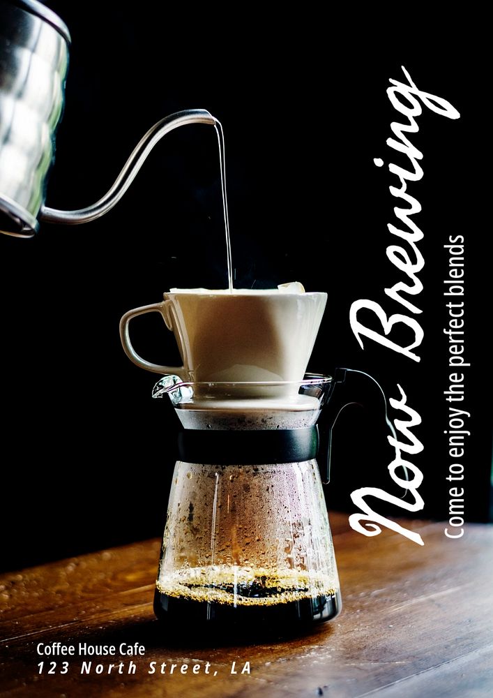 Now brewing, cafe poster template, editable text and design