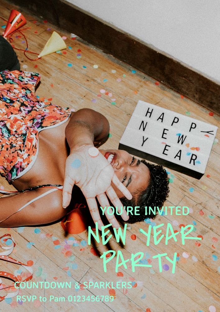 New Year party poster template, editable text and design