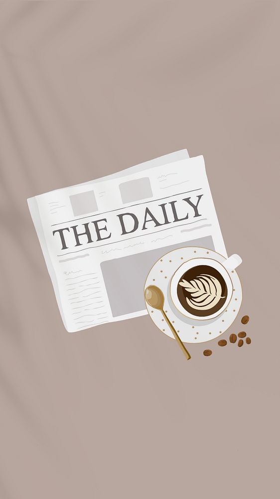 Morning routine mobile wallpaper, editable newspaper & coffee illustration design