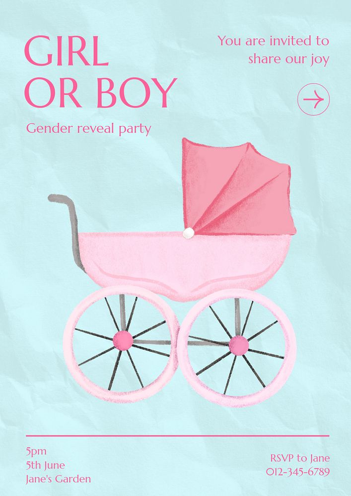 Gender reveal party poster template, editable text and design