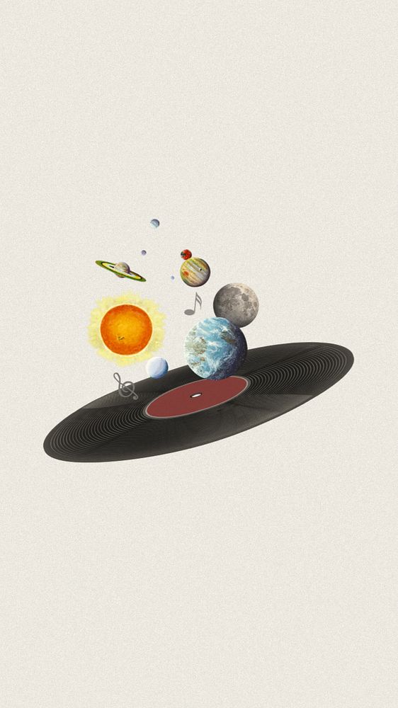 Floating planets on vinyl record iPhone wallpaper, space editable remix