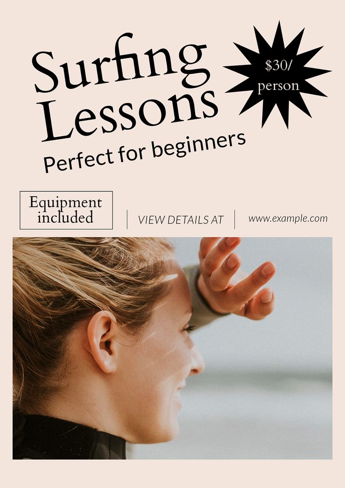 Surfing lessons  poster template, editable text and design