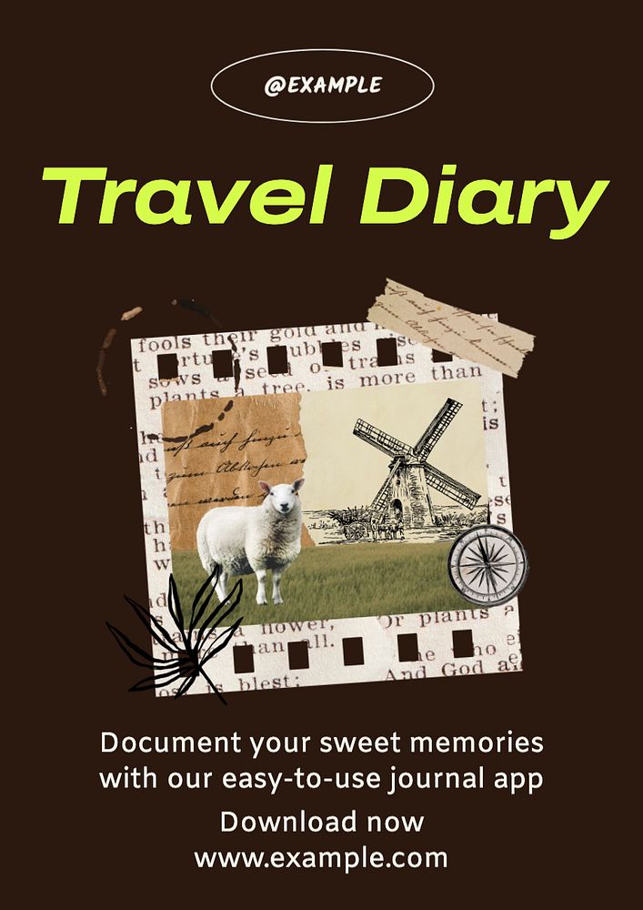 Travel diary app  poster template, editable text and design