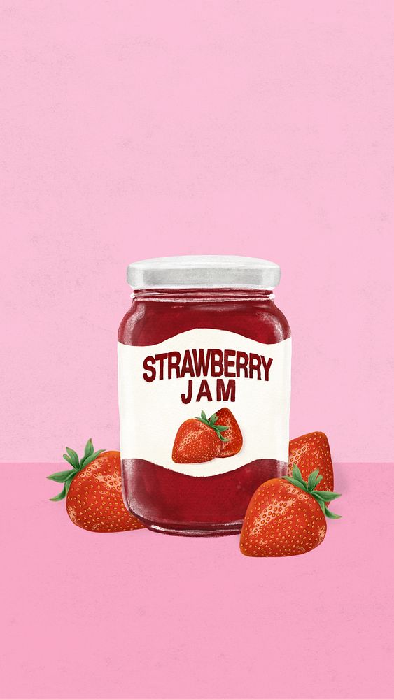 Strawberry jam iPhone wallpaper, bread spread digital painting, editable design