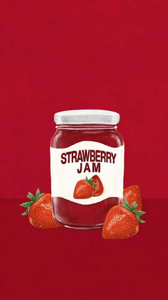 Strawberry jam iPhone wallpaper, bread spread digital painting, editable design