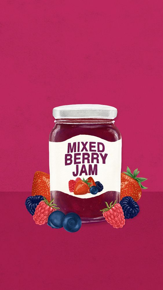 Mixed-berry jam iPhone wallpaper, bread spread digital painting, editable design