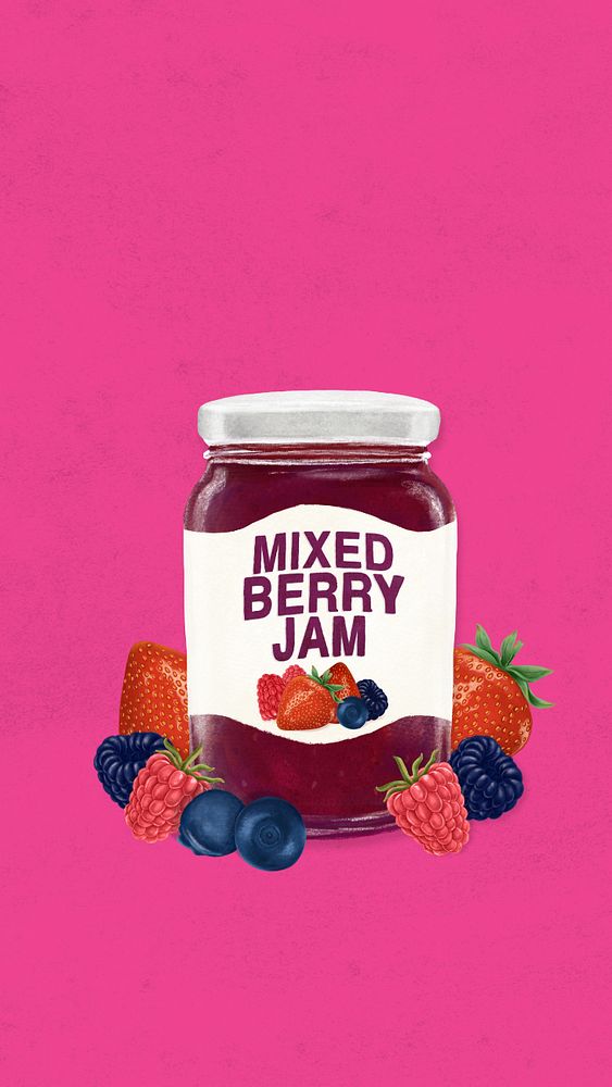 Mixed-berry jam iPhone wallpaper, bread spread digital painting, editable design