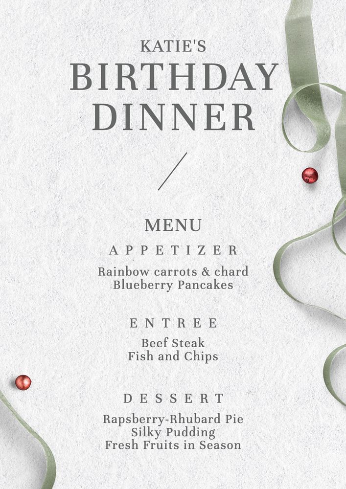 Birthday dinner menu poster template, editable text and design