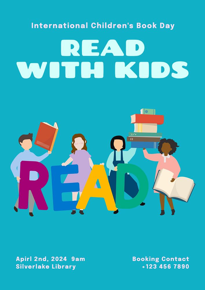 Read with kids  poster template, editable text and design