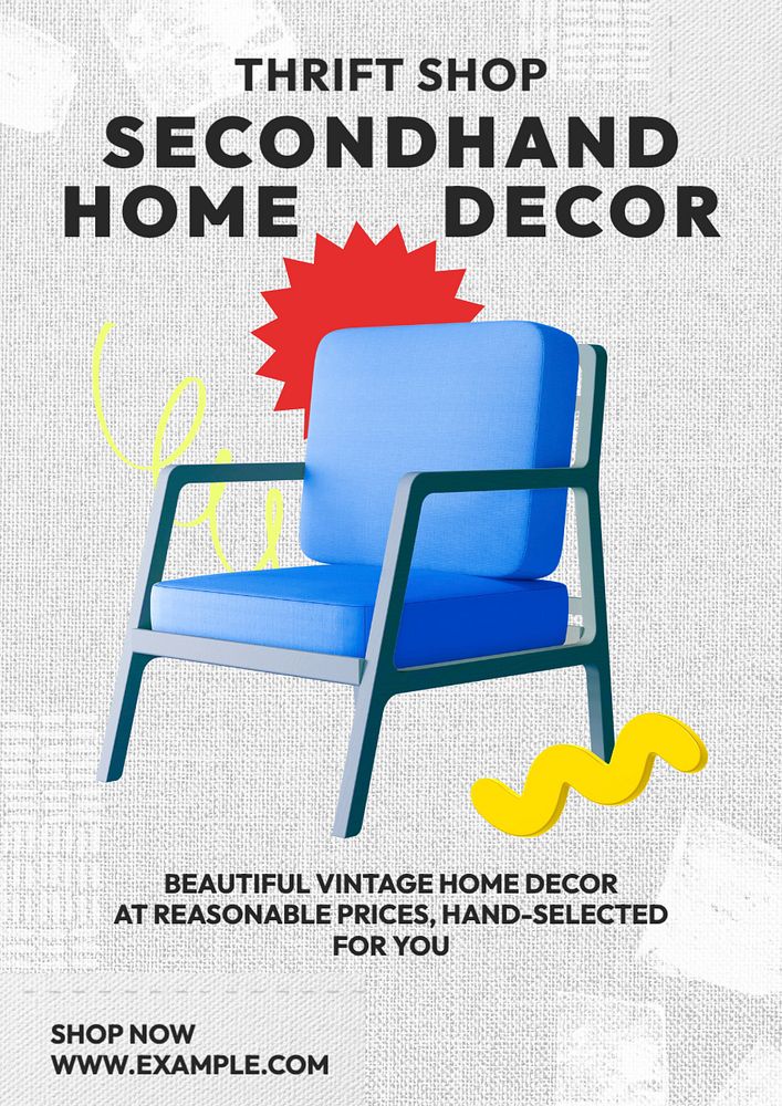 Secondhand decor shop poster template, editable text and design