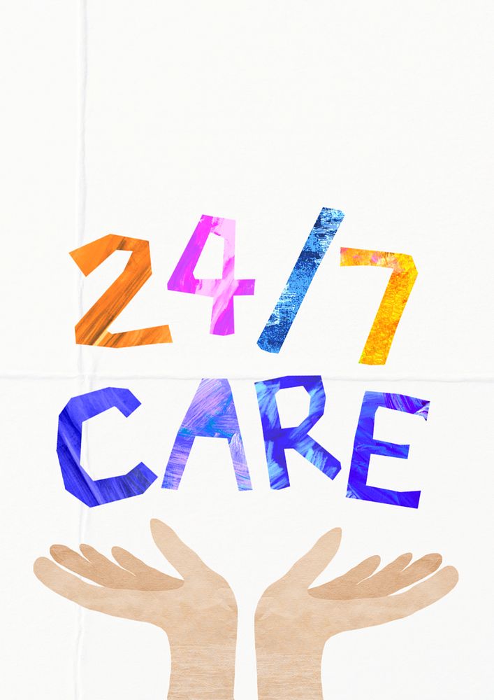 24/7 care word, paper craft collage, editable design