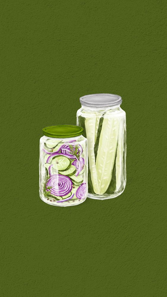 Onion & pickle jar iPhone wallpaper, vegetable food illustration, editable design