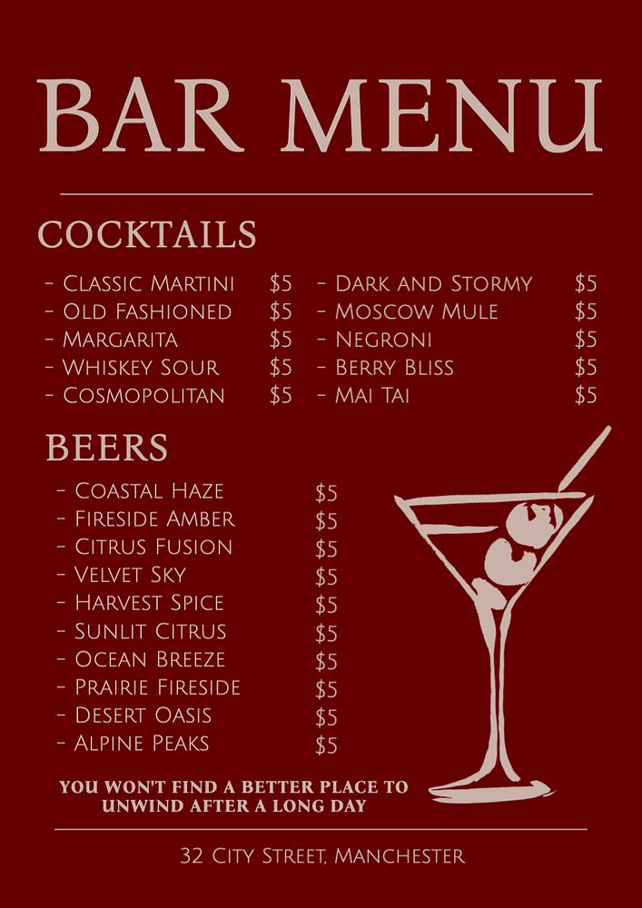 Bar menu poster template, editable text and design