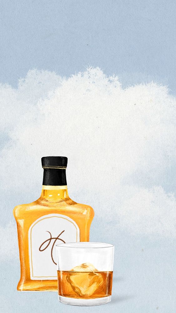 Whiskey glass bottle iPhone wallpaper, alcoholic drinks illustration, editable design