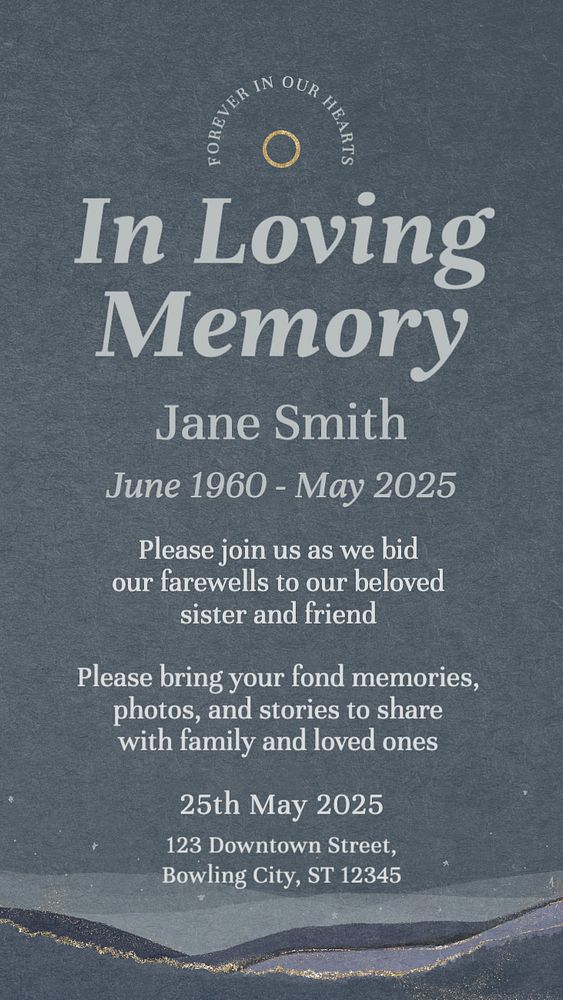 Funeral invitation card Instagram story template, editable text