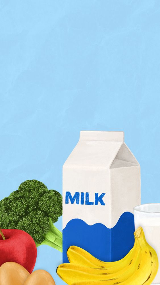 Milk and fruits iPhone wallpaper, healthy food illustration, editable design