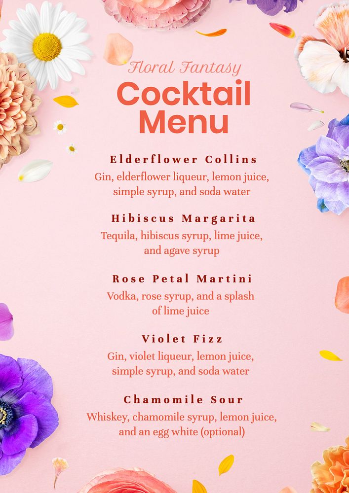 Cocktail menu poster template, editable text and design