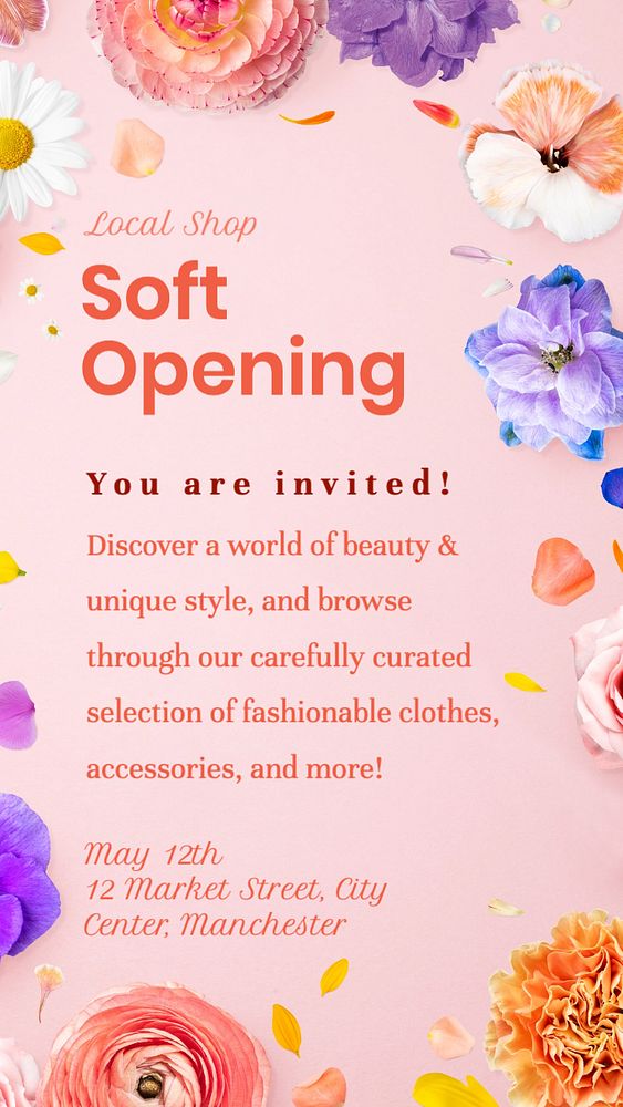 Soft opening Instagram story template, editable text
