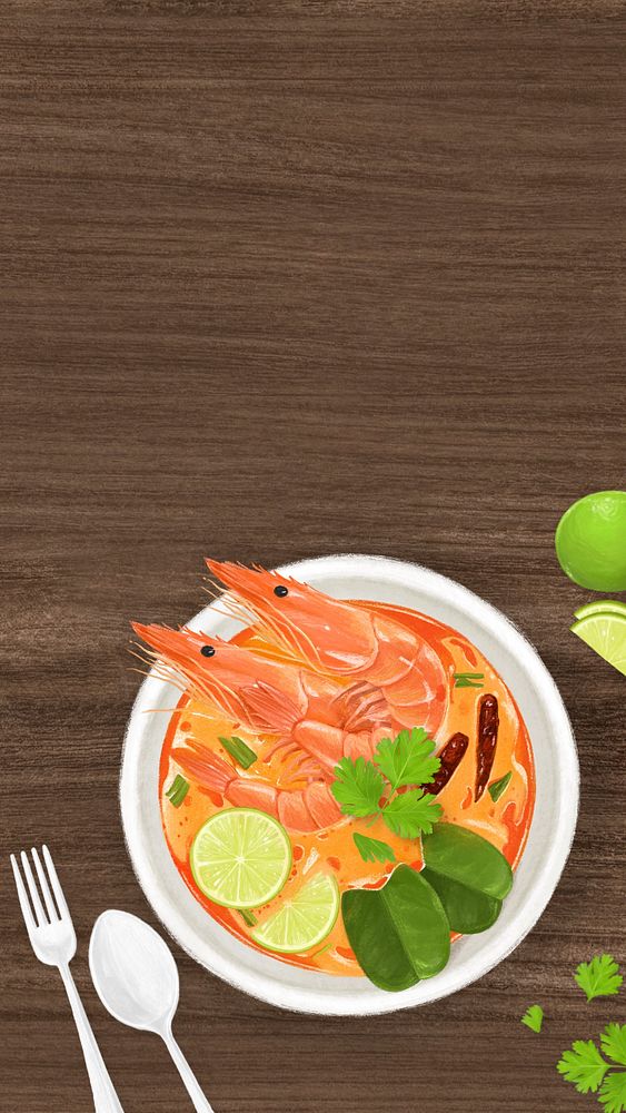 Tum Yum soup iPhone wallpaper, Thai food digital painting, editable design