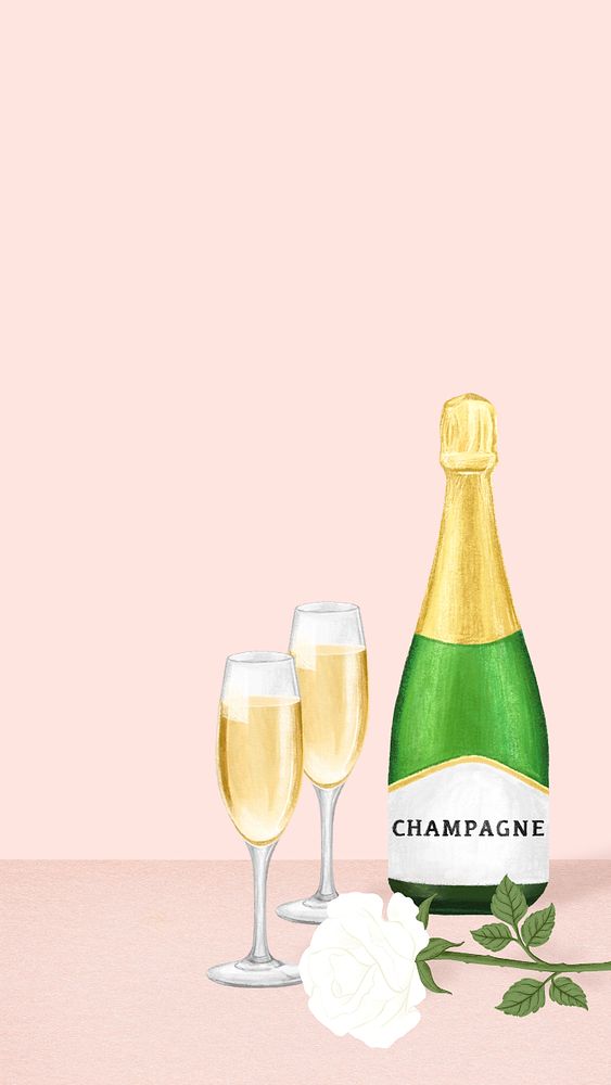 Champagne glasses iPhone wallpaper, alcoholic drinks illustration, editable design