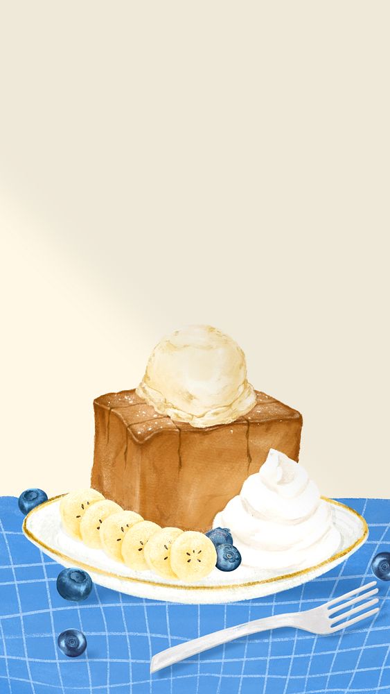 Banana honey toast iPhone wallpaper, dessert illustration, editable design