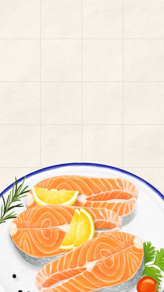 Salmon steak iPhone wallpaper, food border, editable design