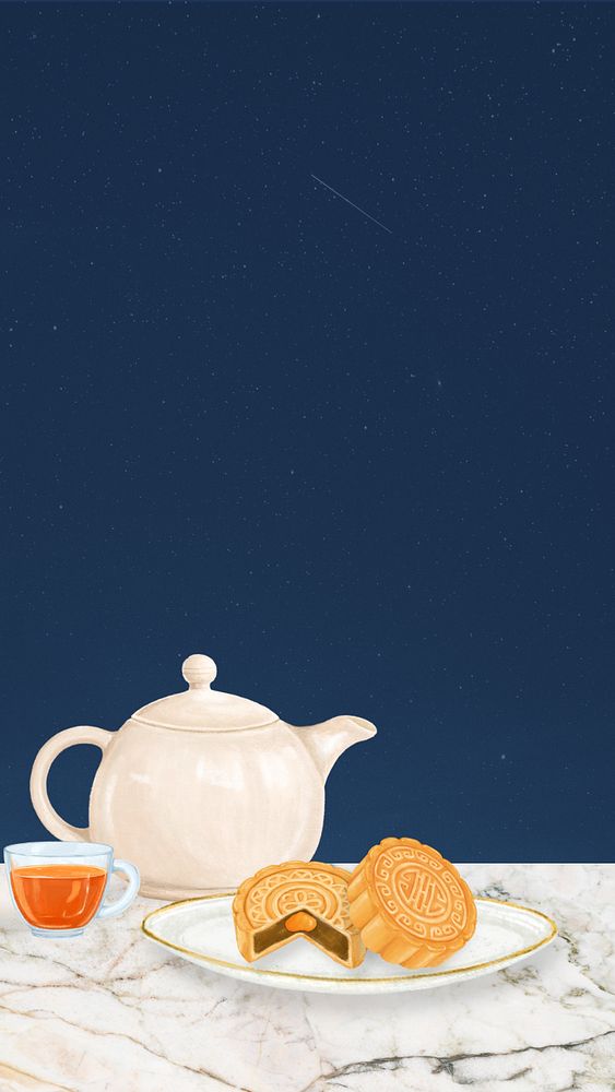 Mooncake and tea iPhone wallpaper, Chinese dessert border, editable design