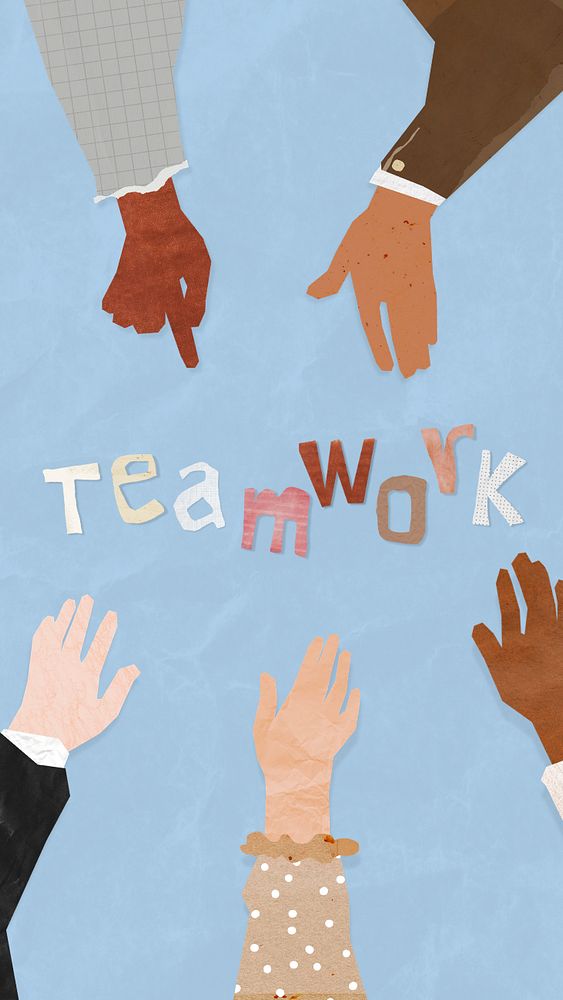 Teamwork word, paper diverse hands united collage, editable design