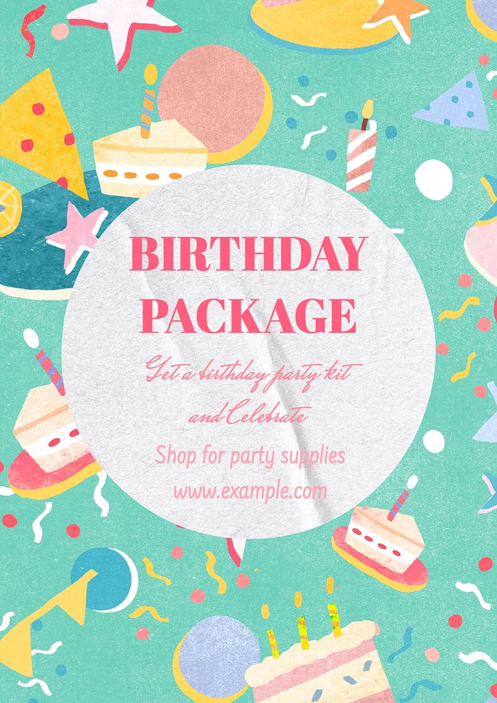 Birthday party supplies poster template, editable text and design