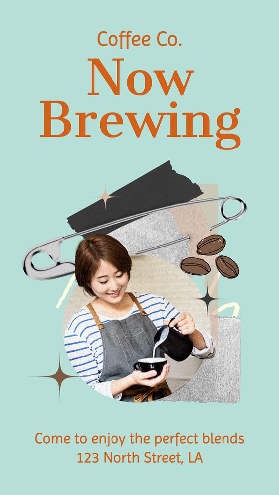 Now brewing, cafe Instagram story template, editable text