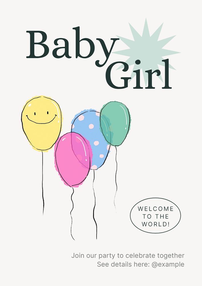 Baby girl party  poster template, editable text and design