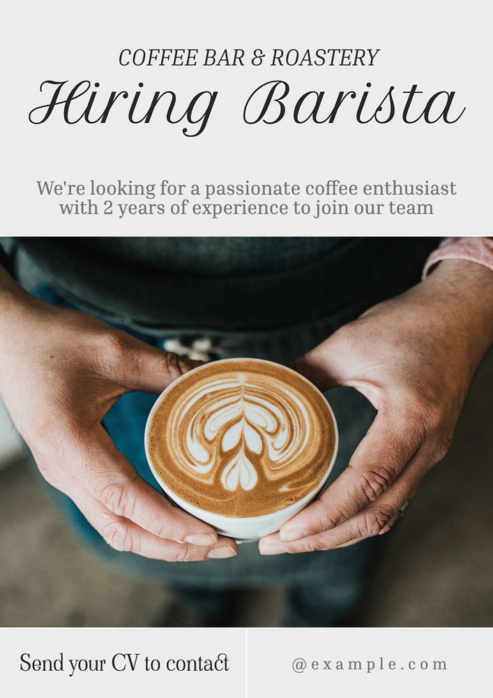 Hiring barista  poster template, editable text and design