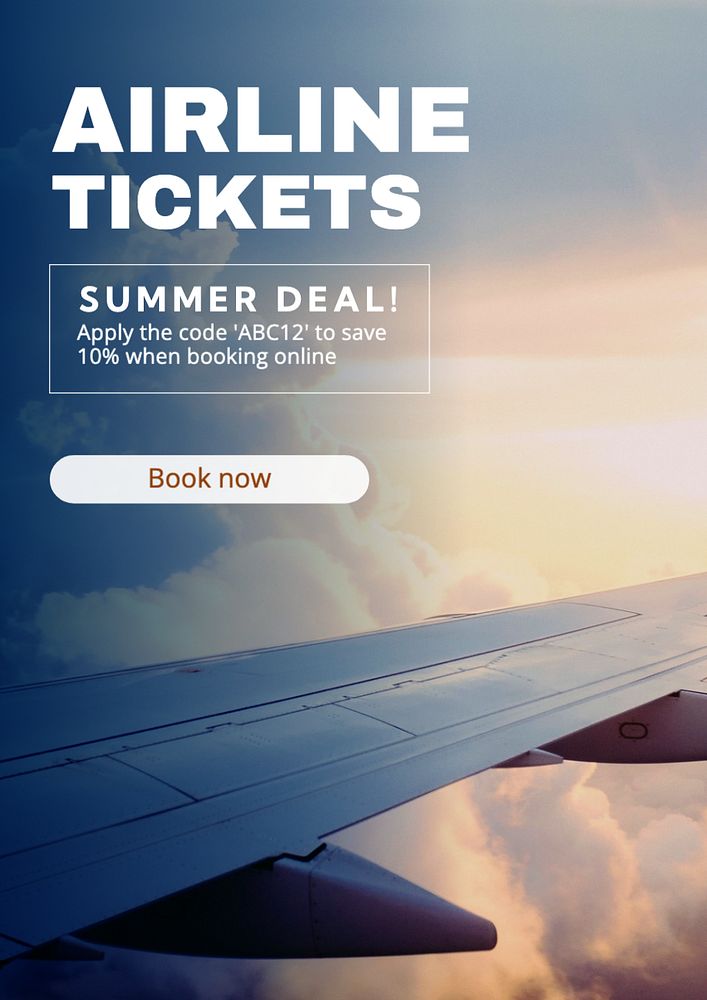 Airline tickets deal  poster template, editable text and design