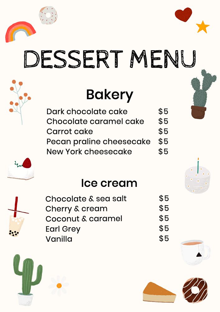 Dessert menu poster template, editable text and design