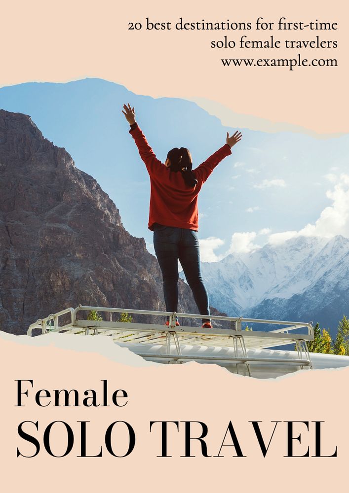 Female solo travel  poster template, editable text and design