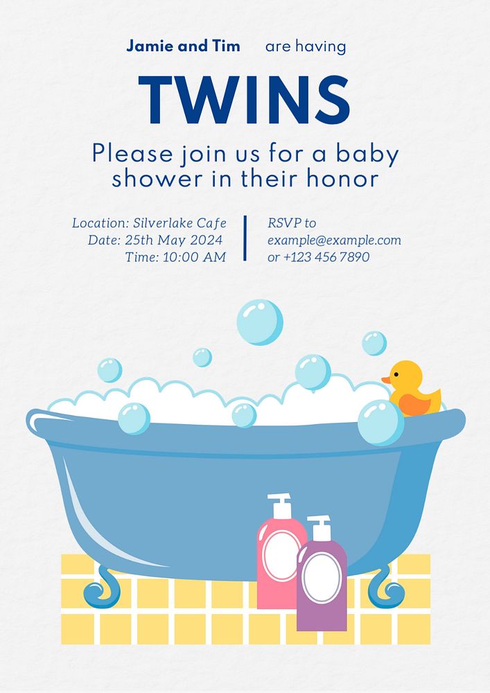 Twin Baby shower poster template, editable text and design