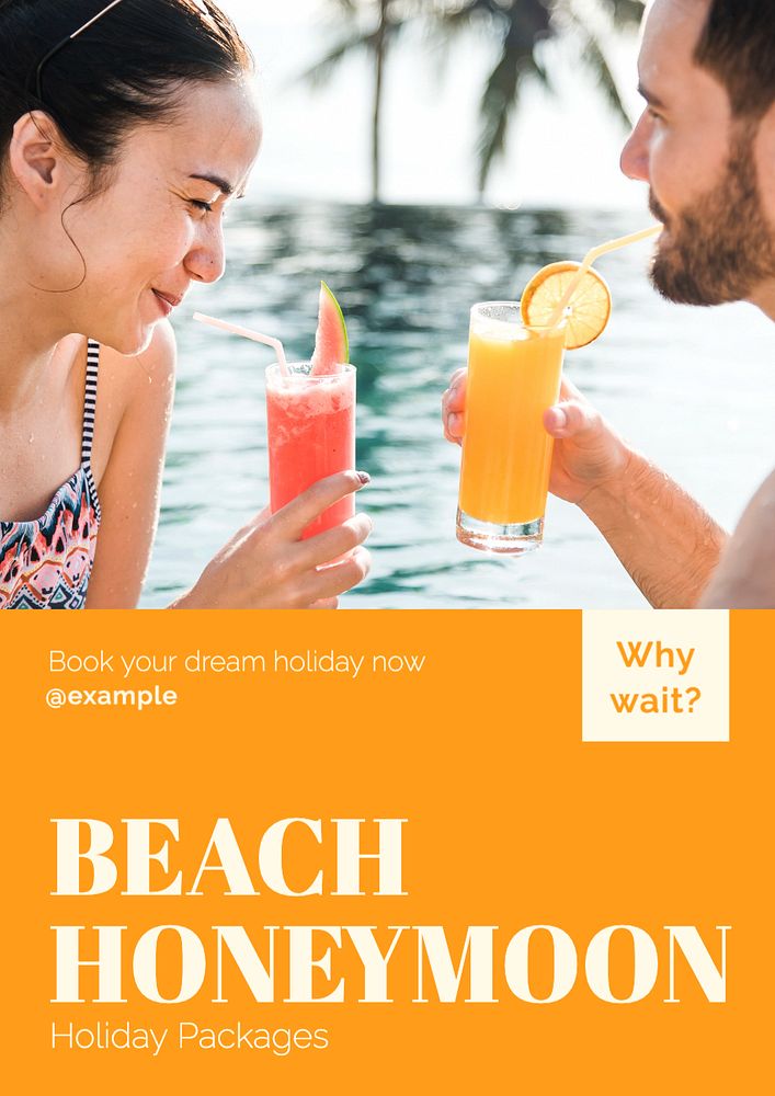 Beach honeymoon holiday poster template, editable text and design