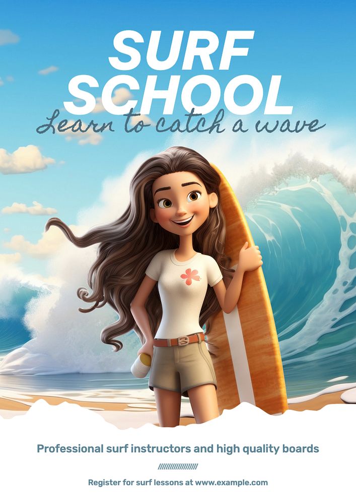 Surf school poster template, editable text and design