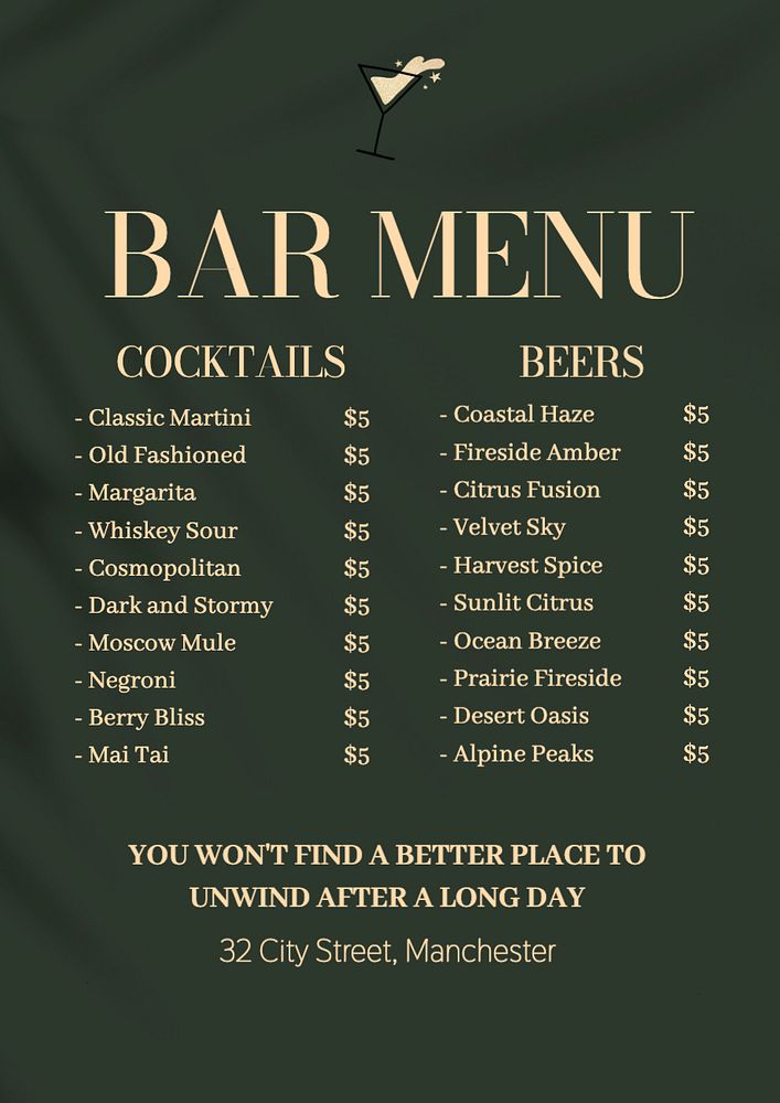 Bar menu poster template, editable text and design