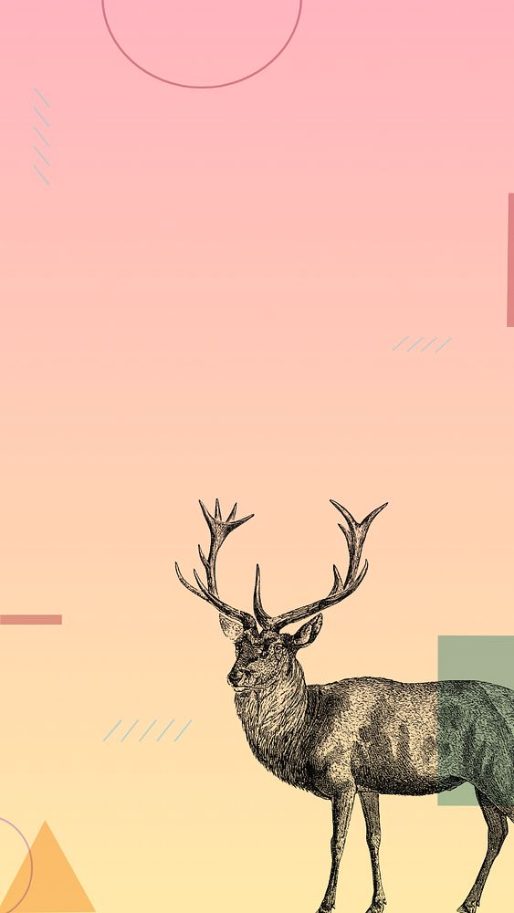 Pink gradient geometric iPhone wallpaper, editable  stag deer illustration